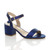 Front right side view of Navy Satin Mid Block Heel Ankle Strap Barely There Sandals