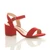 Front right side view of Red Suede Mid Block Heel Ankle Strap Barely There Sandals Front right side view of Red Suede Mid Block Heel Ankle Strap Barely There Sandals