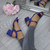 Model wearing Navy Satin Mid Block Heel Ankle Strap Barely There Sandals Model wearing Navy Satin Mid Block Heel Ankle Strap Barely There Sandals