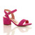 Front right side view of Fuchsia Pink Suede Mid Block Heel Ankle Strap Barely There Sandals Front right side view of Fuchsia Pink Suede Mid Block Heel Ankle Strap Barely There Sandals