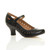 Front right side view of Black PU Mid Heel Mary Jane Heart Cut Out Court Shoes