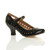 Front right side view of Black Patent Mid Heel Mary Jane Heart Cut Out Court Shoes