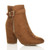 Front right side view of Camel Tan Suede High Block Heel Gold Zip Ankle Boots