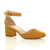 Front right side view of Mustard Yellow Suede Mid Block Heel Ankle Strap Sandals Court Shoes
