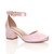 Front right side view of Baby Pink Satin Mid Block Heel Ankle Strap Sandals Court Shoes