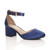 Front right side view of Navy Satin Mid Block Heel Ankle Strap Sandals Court Shoes