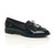 Front right side view of Navy Patent Flat Low Heel Fringed Loafers Casual Smart Shoes Front right side view of Navy Patent Flat Low Heel Fringed Loafers Casual Smart Shoes