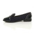 Left side view of Navy Suede Flat Low Heel Bow Beaded Studded Loafers Shoes