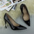 Closeup view of features of Black Patent High Heel Pointed Court Shoes Closeup view of features of Black Patent High Heel Pointed Court Shoes