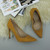 Closeup view of features of Mustard Yellow Suede High Heel Pointed Court Shoes Closeup view of features of Mustard Yellow Suede High Heel Pointed Court Shoes