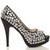Right side view of Black / White Satin High Heel Diamante Gem Peep Toe Court Shoes