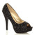 Front right side view of Black / Black Satin High Heel Diamante Gem Peep Toe Court Shoes