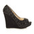 Right side view of Black / Black Satin High Heel Wedge Diamante Gem Peep Toe Shoes