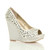 Front right side view of White Satin High Heel Wedge Diamante Gem Peep Toe Shoes