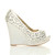 Right side view of White Satin High Heel Wedge Diamante Gem Peep Toe Shoes