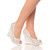 Model wearing White Satin High Heel Wedge Diamante Gem Peep Toe Shoes