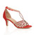 Front right side view of Red Mid Heel Diamante T-Bar Strappy Sandals