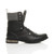 Right side view of Black PU Low Heel Fold Over Padded Cuff Military Ankle Boots