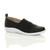 Front right side view of Black PU Flat Cushioned Padded Comfort Elastic Snake Slip On Shoes Trainers Front right side view of Black PU Flat Cushioned Padded Comfort Elastic Snake Slip On Shoes Trainers