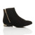 Front right side view of Black Suede Flat Low Heel Gold Zip Ankle Boots