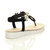 Back right side view of Black Low Wedge Heel Comfort Flatform Diamante Pearl T-Bar Toe Post Slingback Sandals