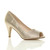 Front right side view of Gold High Heel Peep Toe Diamante Court Shoes