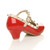 Back right side view of Red Patent Heeled Studded T-Bar Court Shoes