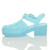 Back right side view of Blue Mid Heel Gladiator Jelly Sandals