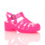 Front right side view of Neon Pink Mid Heel Gladiator Jelly Sandals