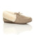Front right side view of Beige Suede Fur Collar Lined Luxury Flexible Moccasins Slippers Front right side view of Beige Suede Fur Collar Lined Luxury Flexible Moccasins Slippers