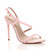 Front right side view of Pale Pink Suede High Heel Barely There Strappy Buckle Evening Sandals