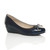 Front right side view of Navy PU Low Mid Wedge Bow Court Shoes