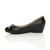 Left side view of Black PU Low Mid Wedge Bow Court Shoes