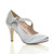 Front right side view of Silver Satin High Heel Mary Jane Diamante Bow Court Shoes Front right side view of Silver Satin High Heel Mary Jane Diamante Bow Court Shoes