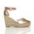 Right side view of Rose Gold PU High Wedge Heel Studded Ankle Strap Platform Sandals Espadrilles