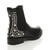 Back right side view of Black PU Flat Low Heel Diamante Studded Spiked Elastic Gusset Chelsea Boots