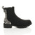 Right side view of Black Suede Flat Low Heel Diamante Studded Spiked Elastic Gusset Chelsea Boots