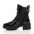 Left side view of Black Patent Mid Block Heel Lace Up Zip Combat Military Chunky Ankle Boots