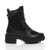 Right side view of Black PU Mid Block Heel Lace Up Zip Combat Military Chunky Ankle Boots