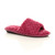 Front right side view of Raspberry Fuchsia Fur Memory Foam Fluffy Quilted Fur Lined Grip Sole Peep Toe Mule Slippers Sandals