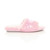 Right side view of Pink Fur Memory Foam Fluffy Bow Fur Lined Grip Sole Peep Toe Mule Slippers Sandals
