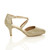 Right side view of Gold Mesh Glitter Mid High Block Heel Strappy Crossover Open Side Shoes Sandals