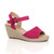 Front right side view of Fuchsia Pink Suede Mid Wedge Heel Platform Espadrille Sandals