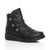 Front right side view of Black PU Low Wedge Heel Button Comfort Ankle Boots