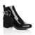 Front right side view of Black Patent Low Mid Block Heel Buckle Smart Chelsea Ankle Boots