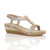 Front right side view of Gold PU Mid Wedge Heel Diamante Beaded T-Bar Slingback Sandals