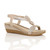 Front right side view of Beige PU Mid Wedge Heel Diamante Beaded T-Bar Slingback Sandals