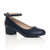 Front right side view of Navy PU Low Mid Block Heel Ankle Strap Smart Work Comfort Shoes