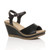 Front right side view of Black PU High Wedge Heel Cork Platform Buckle Sandals