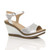 Front right side view of Silver Shimmer PU High Wedge Heel Cork Platform Buckle Sandals